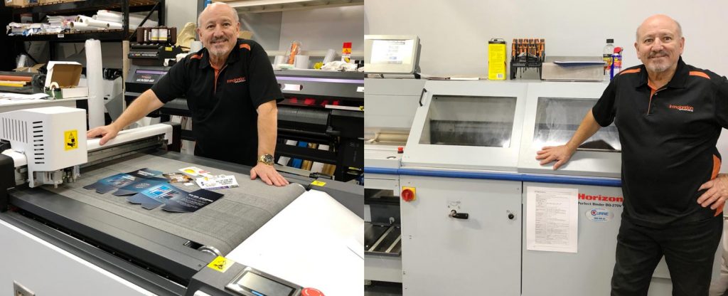 Emmanuel in front of the PUR Binding and Digital Cutter machines