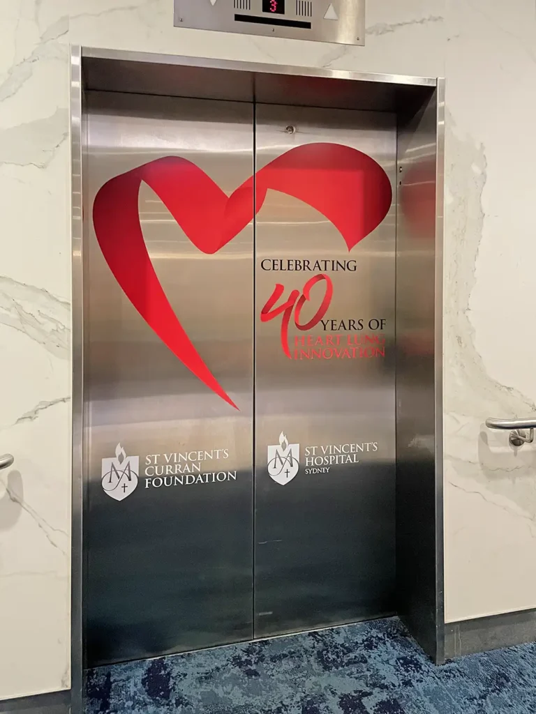 St Vincent's Curran Foundation Celebrating 40 years of Heart Lung Innovation Signage elevator