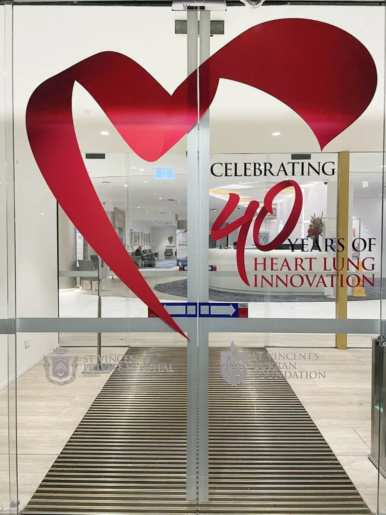 St Vincent's Curran Foundation Celebrating 40 years of Heart Lung Innovation Signage - Private Hospital Entrance