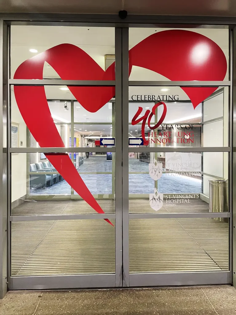 St Vincent's Curran Foundation Celebrating 40 years of Heart Lung Innovation Signage - Public Hospital Entrance