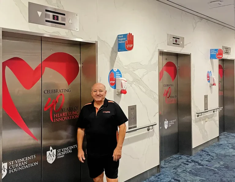 St Vincent's Curran Foundation Celebrating 40 years of Heart Lung Innovation Signage on 3 elevators with Emmanuel